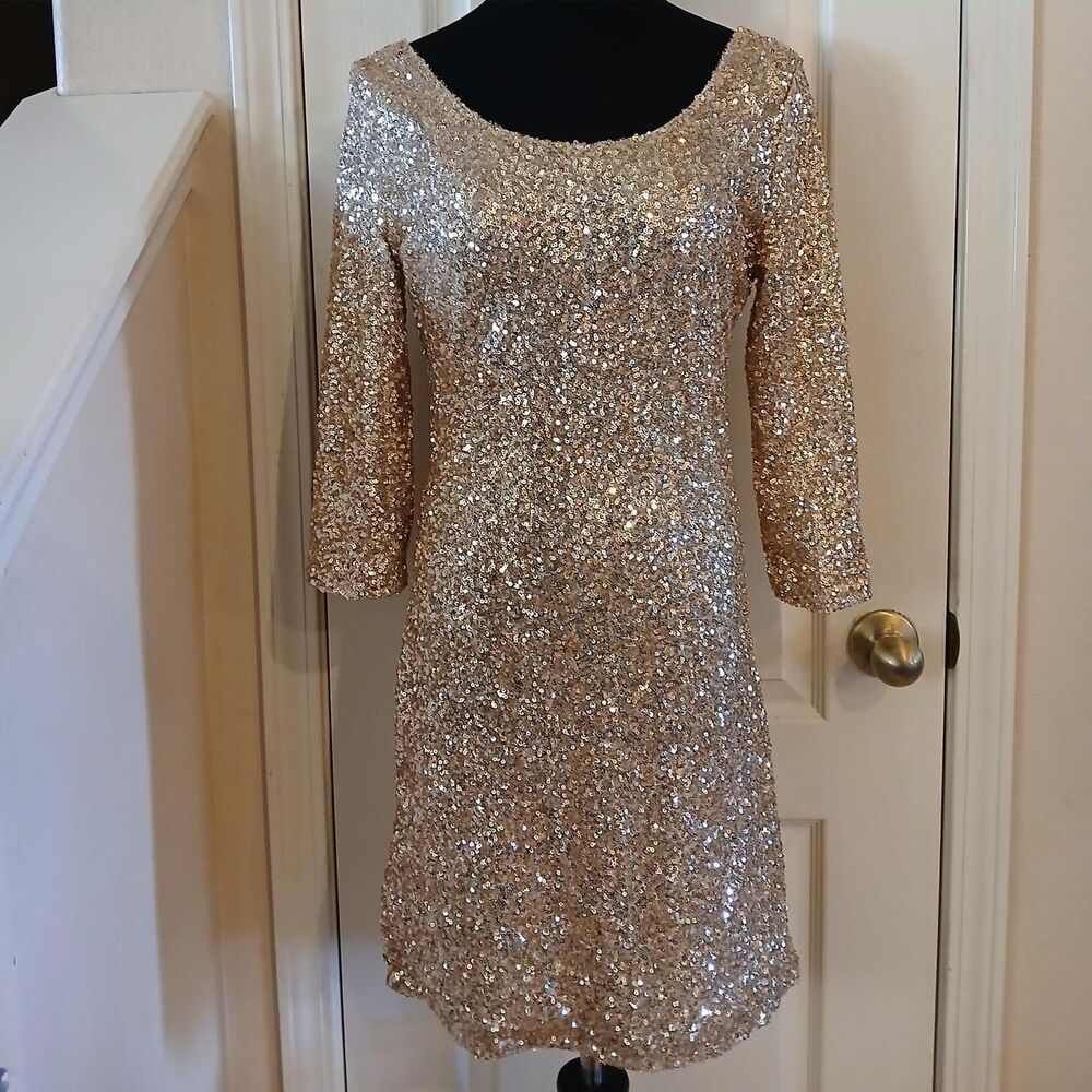 Y2K gold sequin mcbling bodycon mini dress 3/4 sleeves scoop neck plunge V back